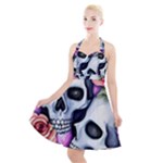 Floral Skeletons Halter Party Swing Dress 