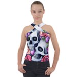 Floral Skeletons Cross Neck Velour Top