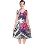 Gothic Floral Skeletons V-Neck Midi Sleeveless Dress 
