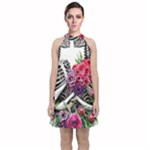 Gothic Floral Skeletons Velvet Halter Neckline Dress 