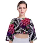 Gothic Floral Skeletons Tie Back Butterfly Sleeve Chiffon Top