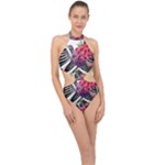 Gothic Floral Skeletons Halter Side Cut Swimsuit