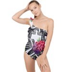 Gothic Floral Skeletons Frilly One Shoulder Swimsuit