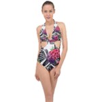 Gothic Floral Skeletons Halter Front Plunge Swimsuit