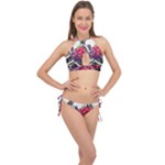 Gothic Floral Skeletons Cross Front Halter Bikini Set