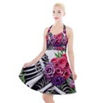 Gothic Floral Skeletons Halter Party Swing Dress 