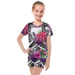 Gothic Floral Skeletons Kids  Mesh Tee and Shorts Set