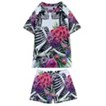 Gothic Floral Skeletons Kids  Swim Tee and Shorts Set