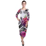 Gothic Floral Skeletons Quarter Sleeve Midi Velour Bodycon Dress