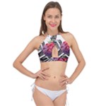 Gothic Floral Skeletons Cross Front Halter Bikini Top