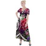 Gothic Floral Skeletons Button Up Short Sleeve Maxi Dress