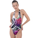 Gothic Floral Skeletons Backless Halter One Piece Swimsuit