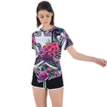 Gothic Floral Skeletons Asymmetrical Short Sleeve Sports Tee