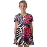 Gothic Floral Skeletons Kids  Short Sleeve Pinafore Style Dress