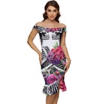 Gothic Floral Skeletons Off Shoulder Ruffle Split Hem Bodycon Dress