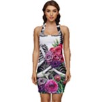 Gothic Floral Skeletons Sleeveless Wide Square Neckline Ruched Bodycon Dress