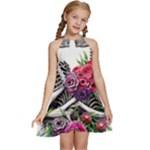 Gothic Floral Skeletons Kids  Halter Collar Waist Tie Chiffon Dress