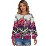 Gothic Floral Skeletons Women s Long Sleeve Button Down Shirt