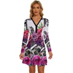 Gothic Floral Skeletons Long Sleeve Deep V Mini Dress 