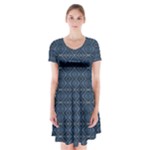 Blue Diamonds Motif Fancy Pattern Design Short Sleeve V-neck Flare Dress