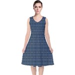 Blue Diamonds Motif Fancy Pattern Design V-Neck Midi Sleeveless Dress 