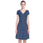 Blue Diamonds Motif Fancy Pattern Design Short Sleeve Front Wrap Dress