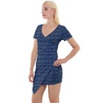 Blue Diamonds Motif Fancy Pattern Design Short Sleeve Asymmetric Mini Dress