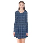 Blue Diamonds Motif Fancy Pattern Design Long Sleeve V-neck Flare Dress