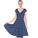 Blue Diamonds Motif Fancy Pattern Design Cap Sleeve Front Wrap Midi Dress