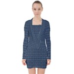 Blue Diamonds Motif Fancy Pattern Design V-neck Bodycon Long Sleeve Dress