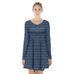 Blue Diamonds Motif Fancy Pattern Design Long Sleeve Velvet V-neck Dress