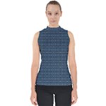 Blue Diamonds Motif Fancy Pattern Design Mock Neck Shell Top