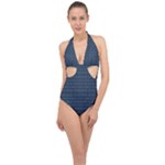 Blue Diamonds Motif Fancy Pattern Design Halter Front Plunge Swimsuit