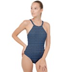 Blue Diamonds Motif Fancy Pattern Design High Neck One Piece Swimsuit