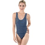 Blue Diamonds Motif Fancy Pattern Design High Leg Strappy Swimsuit