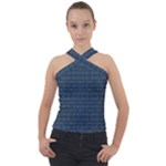 Blue Diamonds Motif Fancy Pattern Design Cross Neck Velour Top