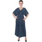 Blue Diamonds Motif Fancy Pattern Design V-Neck Boho Style Maxi Dress