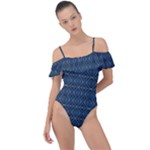 Blue Diamonds Motif Fancy Pattern Design Frill Detail One Piece Swimsuit