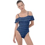 Blue Diamonds Motif Fancy Pattern Design Frill Detail One Piece Swimsuit