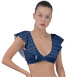 Blue Diamonds Motif Fancy Pattern Design Plunge Frill Sleeve Bikini Top