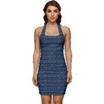 Blue Diamonds Motif Fancy Pattern Design Sleeveless Wide Square Neckline Ruched Bodycon Dress