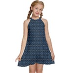 Blue Diamonds Motif Fancy Pattern Design Kids  Halter Collar Waist Tie Chiffon Dress