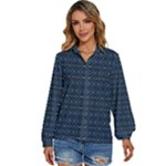 Blue Diamonds Motif Fancy Pattern Design Women s Long Sleeve Button Down Shirt