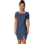 Blue Diamonds Motif Fancy Pattern Design Fitted Knot Split End Bodycon Dress