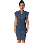 Blue Diamonds Motif Fancy Pattern Design Vintage Frill Sleeve V-Neck Bodycon Dress