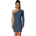 Blue Diamonds Motif Fancy Pattern Design Long Sleeve One Shoulder Mini Dress