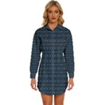 Blue Diamonds Motif Fancy Pattern Design Womens Long Sleeve Shirt Dress