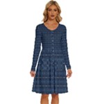 Blue Diamonds Motif Fancy Pattern Design Long Sleeve Dress With Pocket