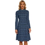 Blue Diamonds Motif Fancy Pattern Design Long Sleeve Shirt Collar A-Line Dress