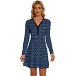 Blue Diamonds Motif Fancy Pattern Design Long Sleeve Deep V Mini Dress 